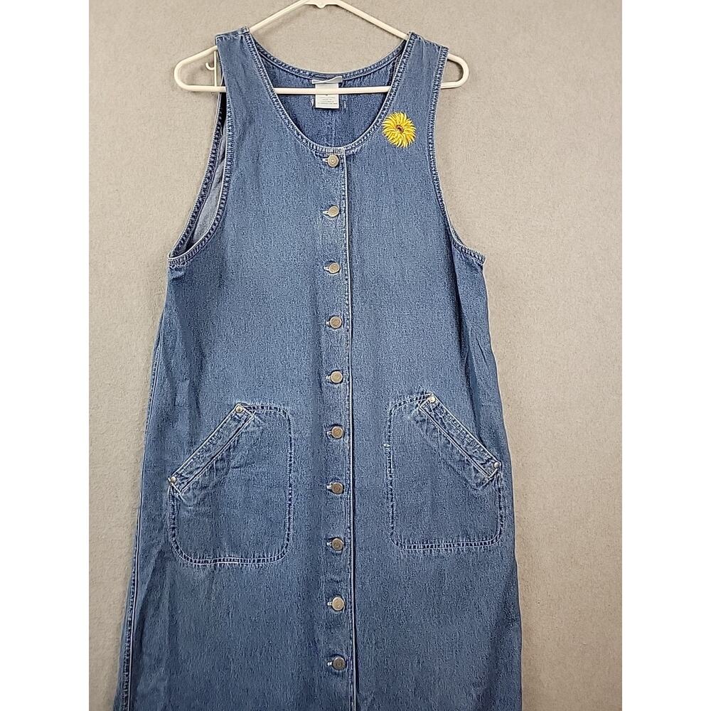 Vtg Tape Measure 100% Cotton Blue Embroidered Button Up Jumper Dress Women's Med - Picture 2 of 12